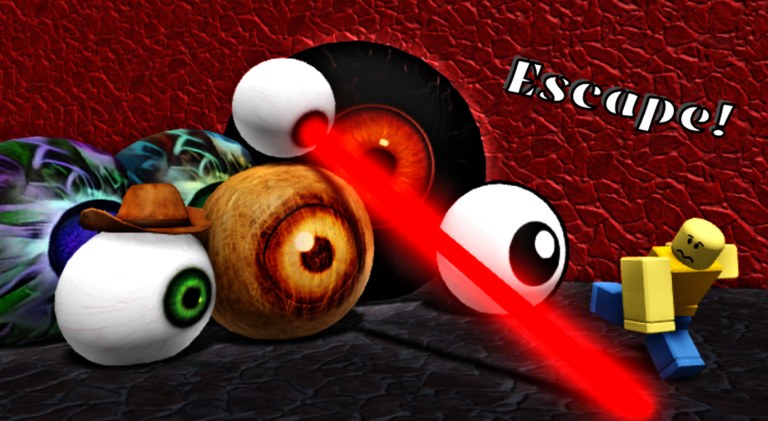 Roblox avatar running from giant chasing eyeballs in Escape Running Head Eyes